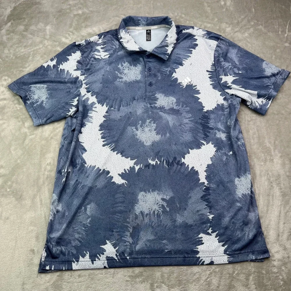 Adidas Golf Polo Shirt Mens XL Blue White Abstract Floral Mesh Performance Pique